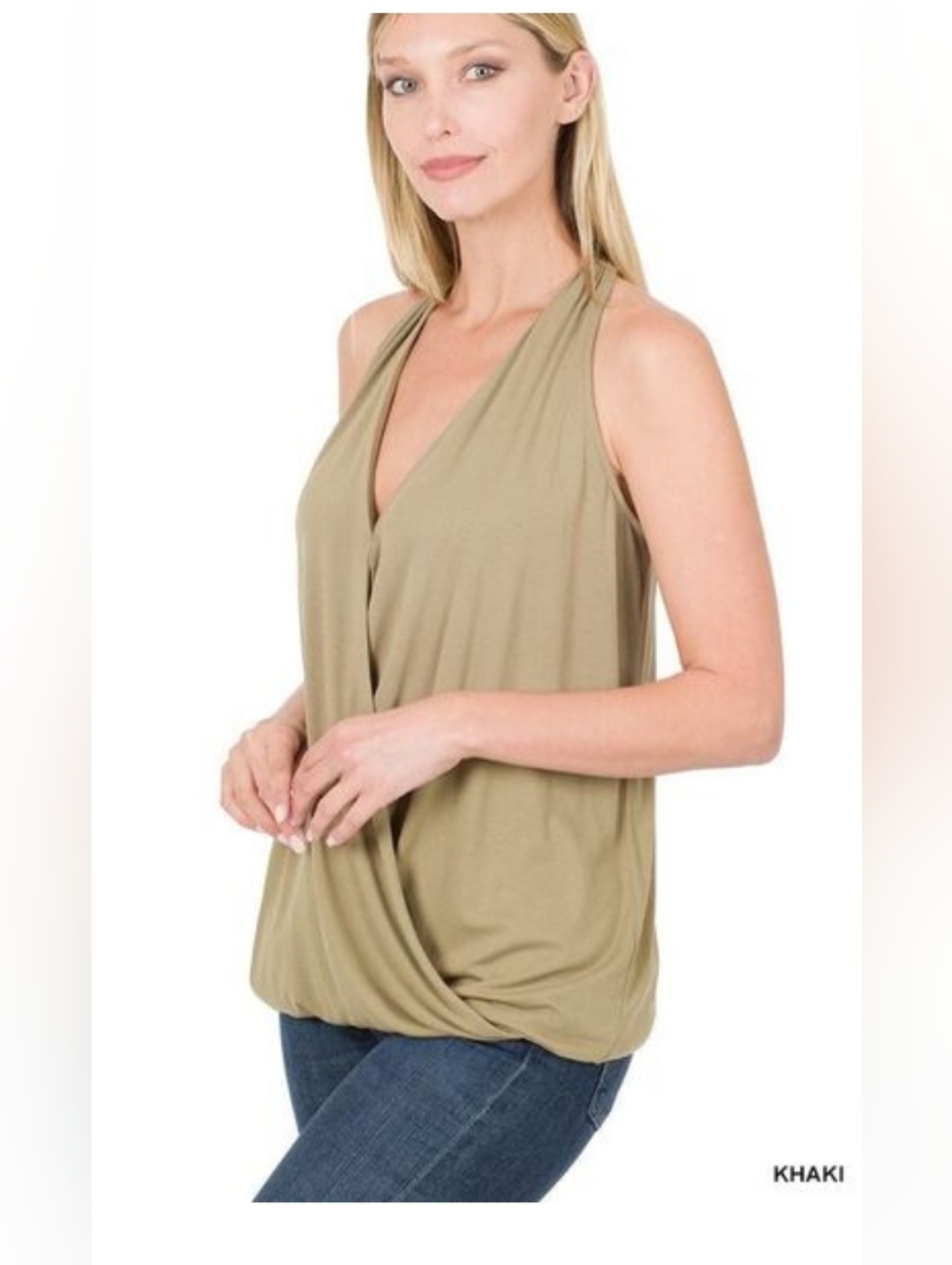 Zenana Women's Khaki Sleeveless Rayon Surplice Halter Wrap Front V-Neck Top New